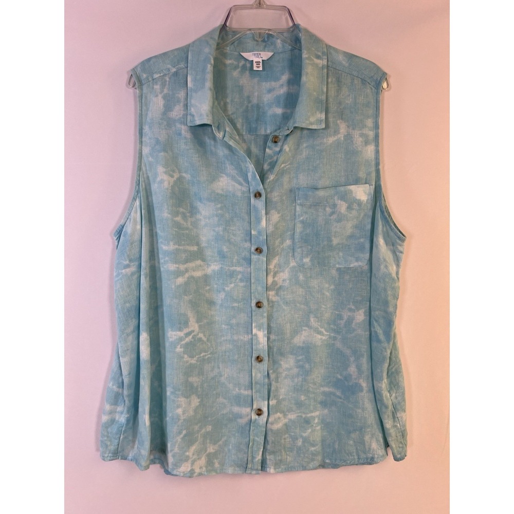 Time And True Linen Sleeveless Button Up Shirt Womens XXXL 22 Blue White Coastal